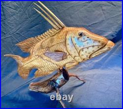 Highly Detailed Hog Fish Wood Carving on Driftwood Base Hand Made, Fine Finished