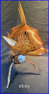 Highly Detailed Hog Fish Wood Carving on Driftwood Base Hand Made, Fine Finished