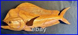 Highly Detailed Mahi-Mahi, Dorado, Dolphin Fish Wood Carving On Driftwood Base
