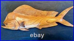 Highly Detailed Mahi-Mahi, Dorado, Dolphin Fish Wood Carving On Driftwood Base