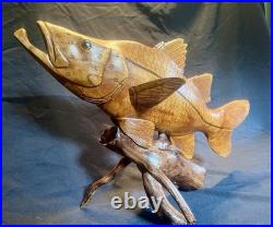 Highly Detailed Snook Fish Wood Carving On Wood Driftwood