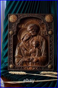 Holy Family Wood Carved Christian Icon Religious Wall Hanging Art Work