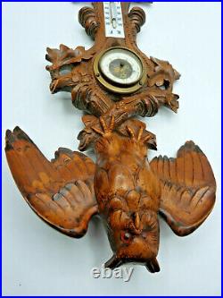 Holzschnitzerei Schwarzwald Eule Barometer Black Forest Wood Carving Owl 19th c