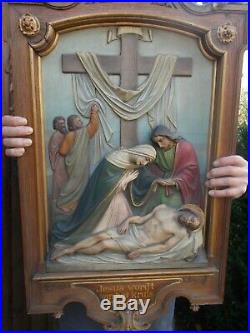 Huge Antique Hand Carved Stations Of The Cross Church Wood Wall Sculpture