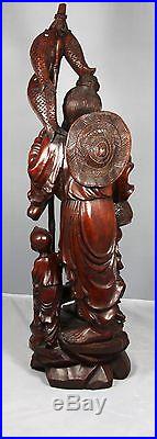 Huge Chinese Carved Wood Sculpture of a Fisherman & his Children (29 High)