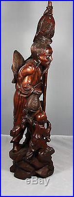 Huge Chinese Carved Wood Sculpture of a Fisherman & his Children (29 High)