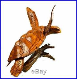 Huge Hand Carved Mahogany Wood Turtle Coral Nautical Art Sculpture Tropical