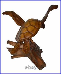 Huge Hand Carved Mahogany Wood Turtle Coral Nautical Art Sculpture Tropical