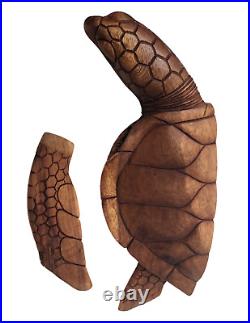 Huge Hand Carved Mahogany Wood Turtle Coral Nautical Art Sculpture Tropical Wall