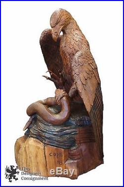 Huge Michael Copas Life Sized Eagle Snake Hand Carved Wood Sculpture Statue 1983