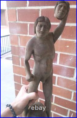 Huge Tribal Headhunter Carved Wood Sculpture Severed Head