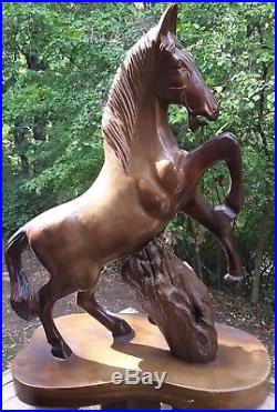 Huge Vtg Solid Wood HAND CARVED Rearing HORSE Sculpture statue On Base 23 Tall