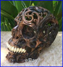 Human Skull Hand Carved Sculpture Wood Realistic flexible Jaws FIgures Decor New