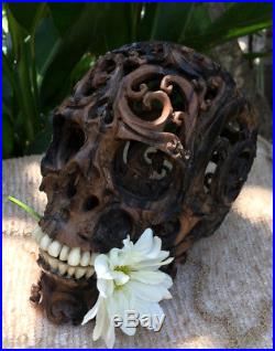Human Skull Hand Carved Sculpture Wood Realistic flexible Jaws FIgures Decor New