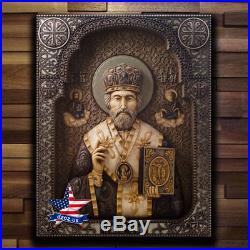 Icon Wood St Nicholas The Wonderworker Carved Artwork Picture Painting Sculpture
