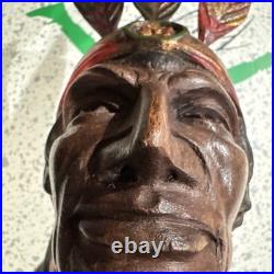 Indian Art Wood Sculpture Carving Chief Head carved bust vintage Indian Art Wood Sculpture Carving Chief Head carved bust vintage