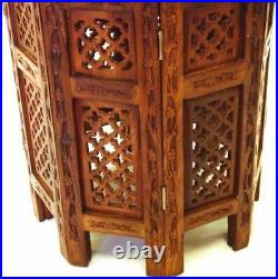 Indian Hand Carved 15 inch Sheesham Jali Wooden Side Table with Brass and Copper