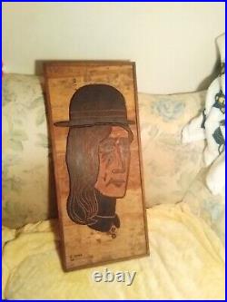 Indian with black hat vintage Carved 3D Wood Picture By Artist E. Diaz 28 tall