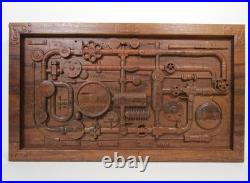 Industrial Steampunk Carved Wood Pipes & Gears Relief Wall Art Panel 20x12