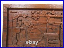 Industrial Steampunk Carved Wood Pipes & Gears Relief Wall Art Panel 20x12