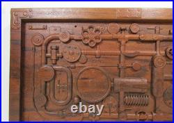 Industrial Steampunk Carved Wood Pipes & Gears Relief Wall Art Panel 20x12