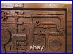 Industrial Steampunk Carved Wood Pipes & Gears Relief Wall Art Panel 20x12