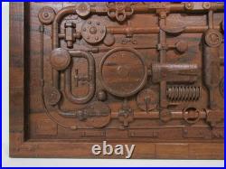 Industrial Steampunk Carved Wood Pipes & Gears Relief Wall Art Panel 20x12