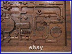 Industrial Steampunk Carved Wood Pipes & Gears Relief Wall Art Panel 20x12