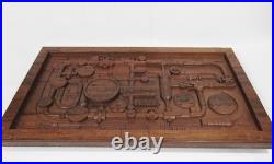 Industrial Steampunk Carved Wood Pipes & Gears Relief Wall Art Panel 20x12