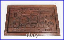 Industrial Steampunk Carved Wood Pipes & Gears Relief Wall Art Panel 20x12