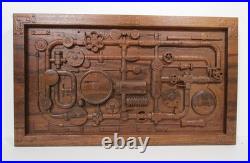 Industrial Steampunk Carved Wood Pipes & Gears Relief Wall Art Panel 20x12