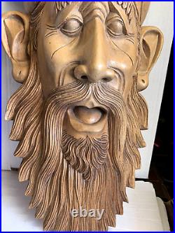 Intricately Carved Vintage Life-Size Wood Man's Bearded Face Sculpture- 18.5 x 9