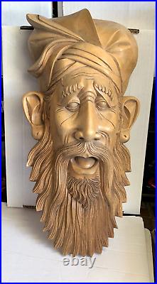 Intricately Carved Vintage Life-Size Wood Man's Bearded Face Sculpture- 18.5 x 9