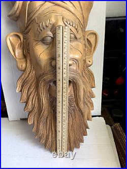 Intricately Carved Vintage Life-Size Wood Man's Bearded Face Sculpture- 18.5 x 9