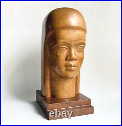 Intriguing Vintage Carved Wood Bust Sculpture of Woman, Mid Century Modernist