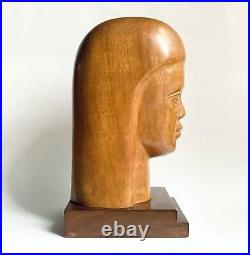 Intriguing Vintage Carved Wood Bust Sculpture of Woman, Mid Century Modernist