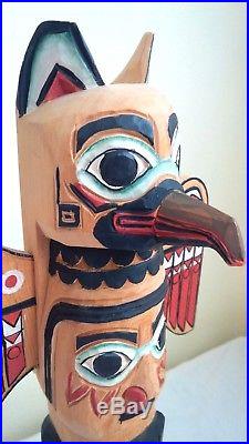 Inuit Alaskan Tribal Wood Totem Pole 16.8 Carved Painted Signed Patrick Seale