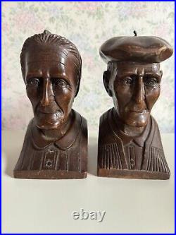 J. Alberdi Handmade Hand Carved Wood Busts Mid-Century Carving Old Man & Woman