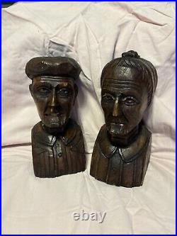 J. Alberdi Handmade Hand Carved Wood Busts Mid-Century Carving Old Man & Woman