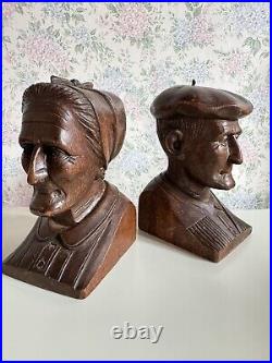 J. Alberdi Handmade Hand Carved Wood Busts Mid-Century Carving Old Man & Woman