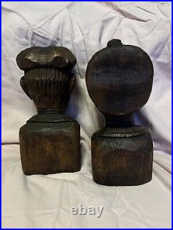 J. Alberdi Handmade Hand Carved Wood Busts Mid-Century Carving Old Man & Woman