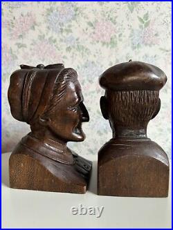 J. Alberdi Handmade Hand Carved Wood Busts Mid-Century Carving Old Man & Woman