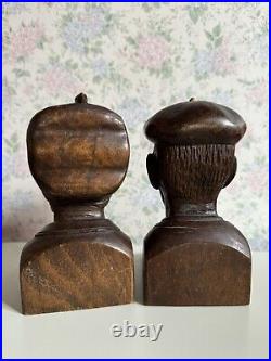 J. Alberdi Handmade Hand Carved Wood Busts Mid-Century Carving Old Man & Woman