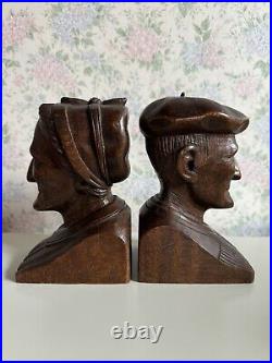 J. Alberdi Handmade Hand Carved Wood Busts Mid-Century Carving Old Man & Woman