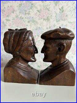 J. Alberdi Handmade Hand Carved Wood Busts Mid-Century Carving Old Man & Woman