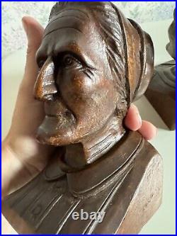 J. Alberdi Handmade Hand Carved Wood Busts Mid-Century Carving Old Man & Woman