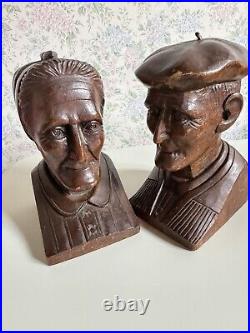 J. Alberdi Handmade Hand Carved Wood Busts Mid-Century Carving Old Man & Woman