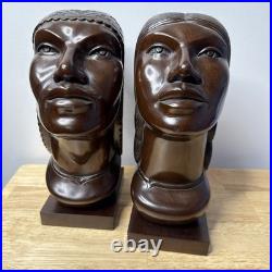 J Ramirez Wood Carved Male/Female Warrior Busts Wood Sculpture Indigenous native