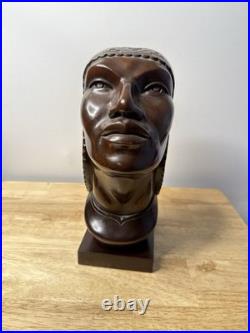 J Ramirez Wood Carved Male/Female Warrior Busts Wood Sculpture Indigenous native