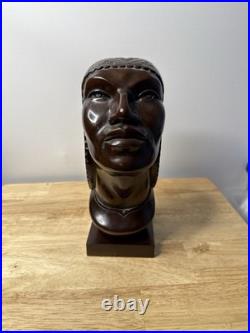 J Ramirez Wood Carved Male/Female Warrior Busts Wood Sculpture Indigenous native